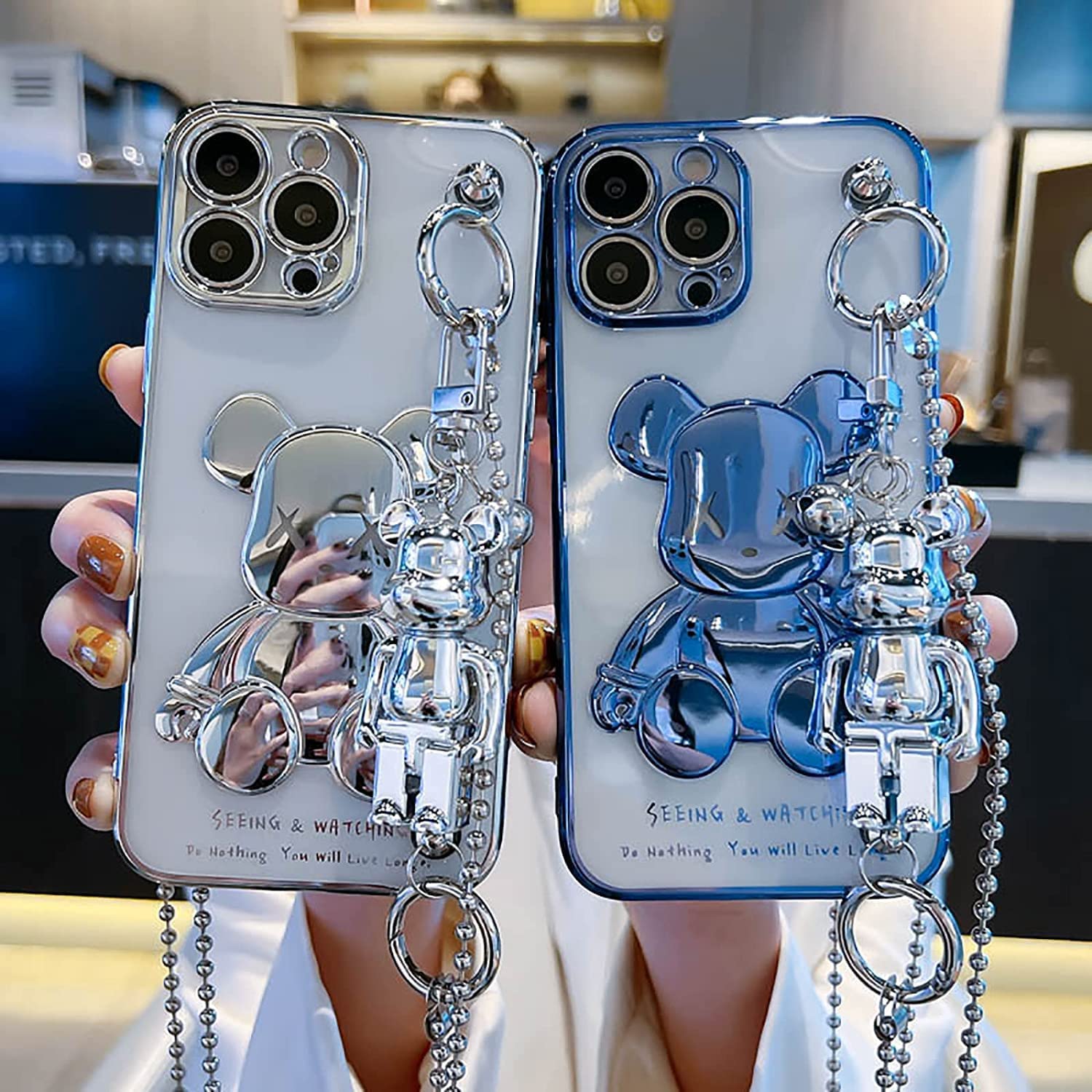 iPhone 13 Pro Max, Blue Teddy Bear Sparkle Bling Cover with